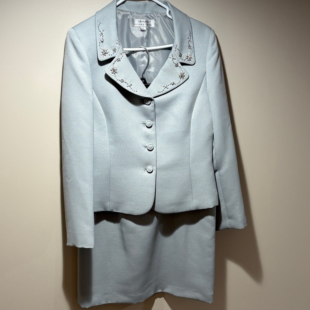 Tahari Light Blue Embellished Blazer and Skirt Set